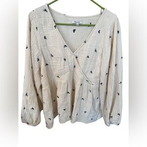 Madewell Cream Blouse with Black Floral Embroidery